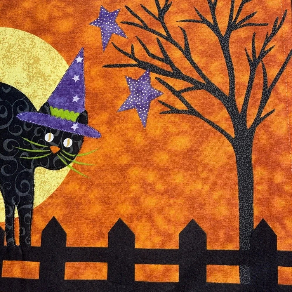 2 Halloween Placemats Black Cat Witch Hat Tree Moon Orange Purple Black